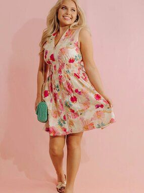 Entro Blooming Beauty Zip Front Smock Waist Sleeveless Floral Mini Dress 1X